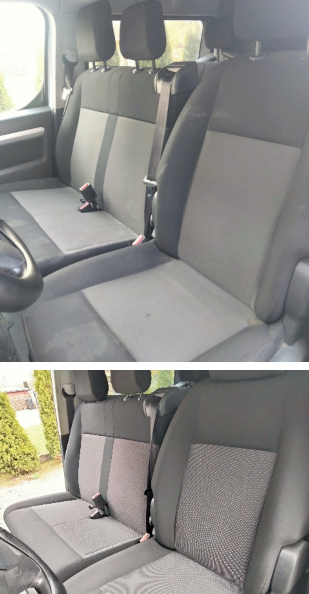 Szare fotele samochodowe z plamami na siedziskach przed usługą czyszczenia, widoczne pasy bezpieczeństwa.