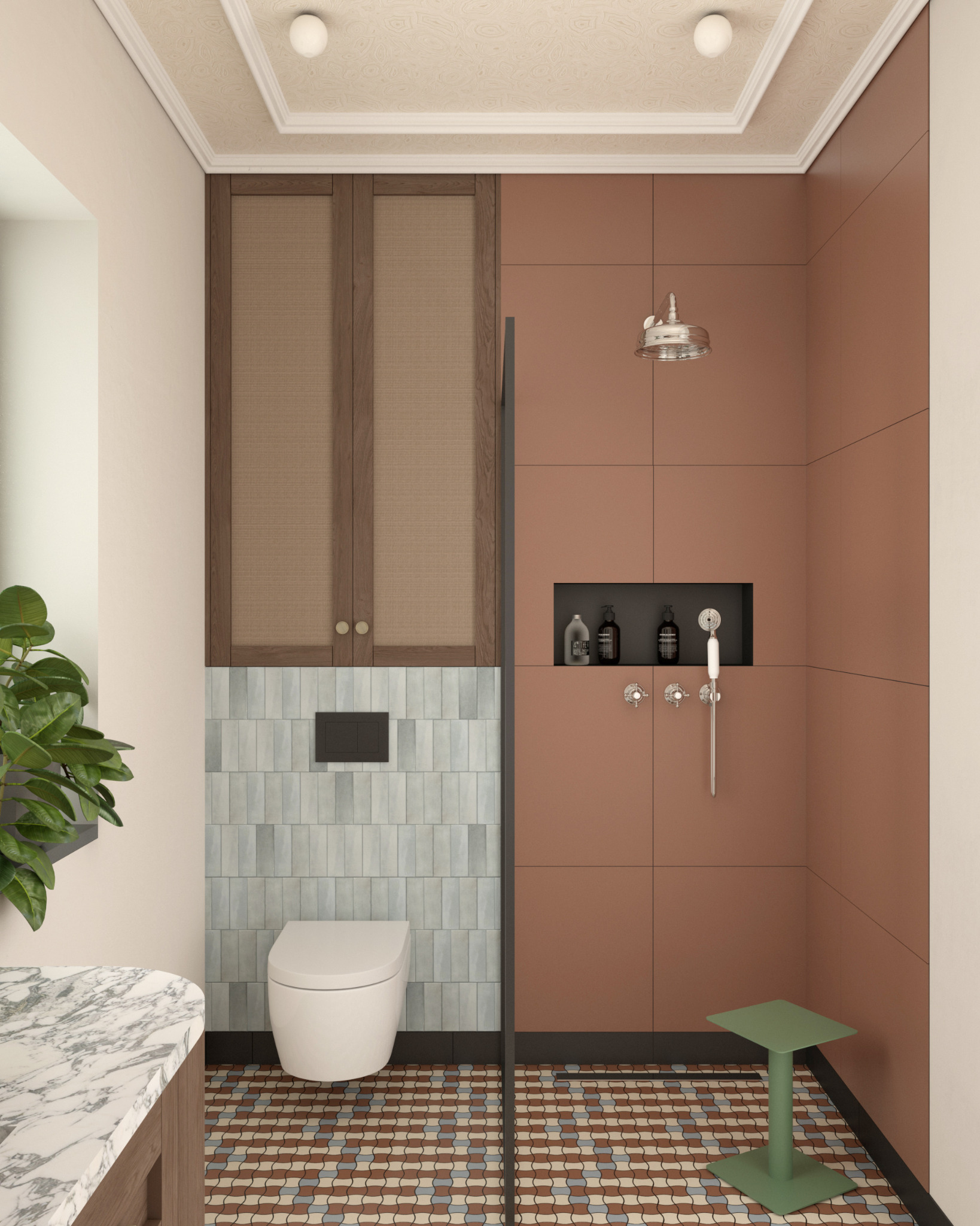 Nowoczesna łazienka z kabiną prysznicową wykończoną brązowymi panelami, toaletą, szafką z rattanowymi frontami, oraz wzorzystą podłogą i zielonym stołkiem prysznicowym.