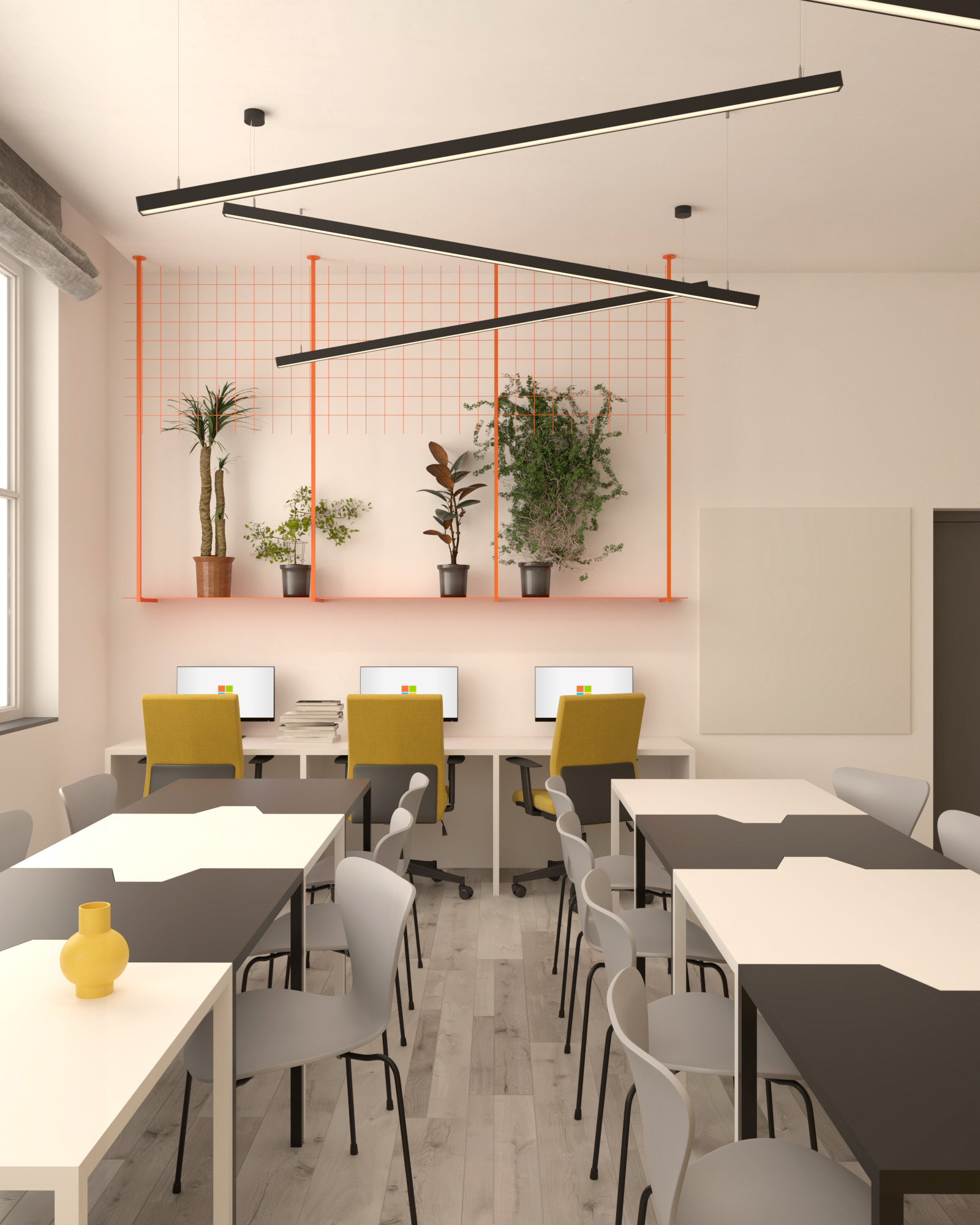 Wizualizacja nowoczesnego biura z biurkami, krzesłami, roślinami na półce z pomarańczową kratką i lampami sufitowymi.
