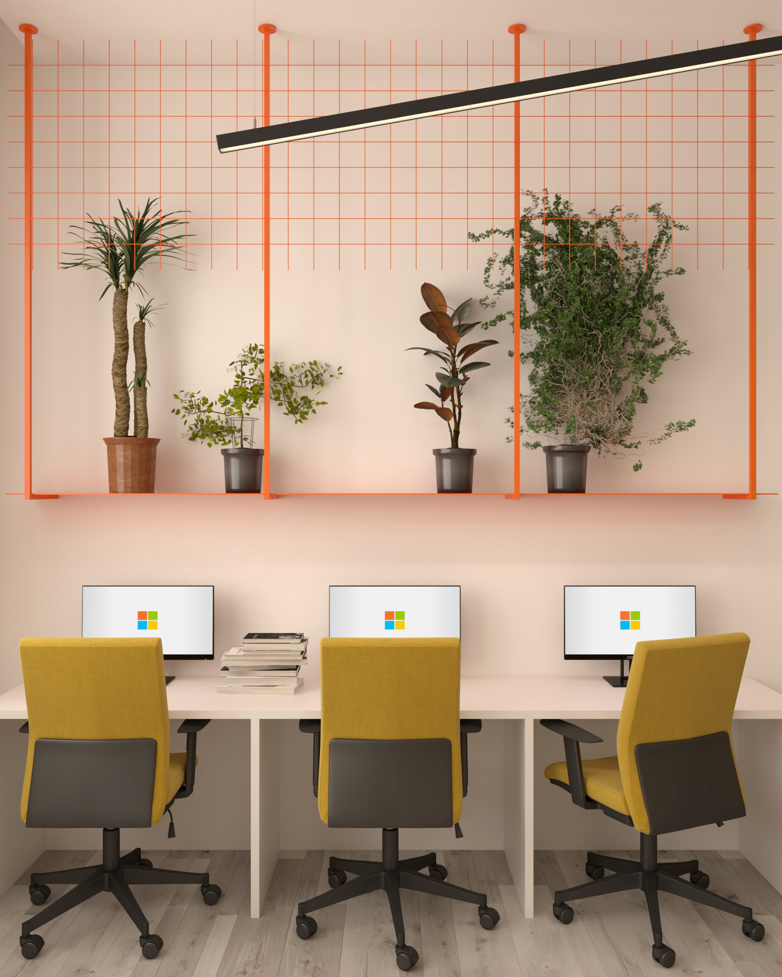 Wizualizacja biura z trzema stanowiskami pracy, żółtymi krzesłami i roślinami doniczkowymi na półce z pomarańczową kratką na ścianie.