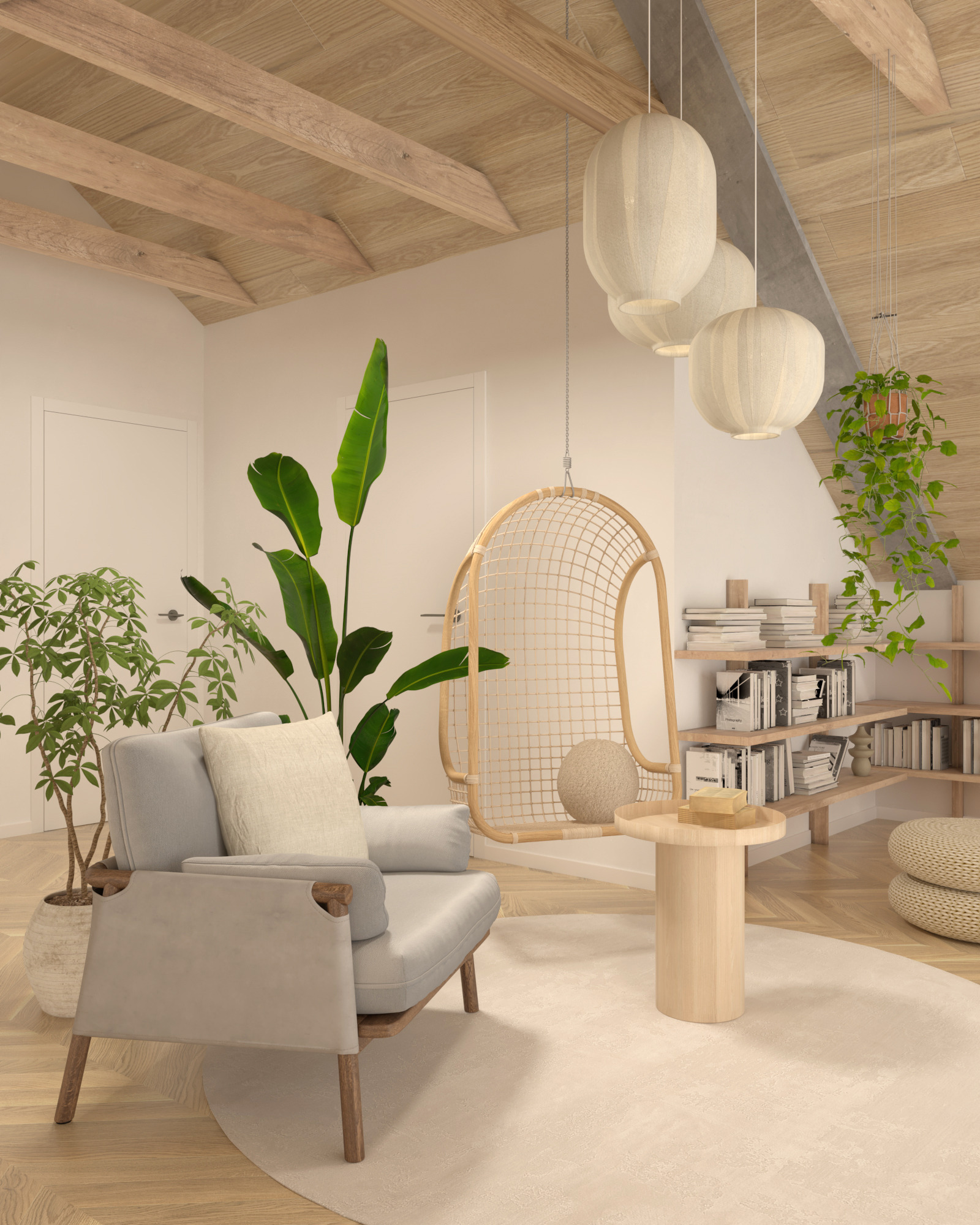 Jasne wnętrze z drewnianym stropem belkowym, fotelem z poduszkami, wiszącym fotelem-kokonem, okrągłym stolikiem, roślinami w doniczkach i półkami z książkami.