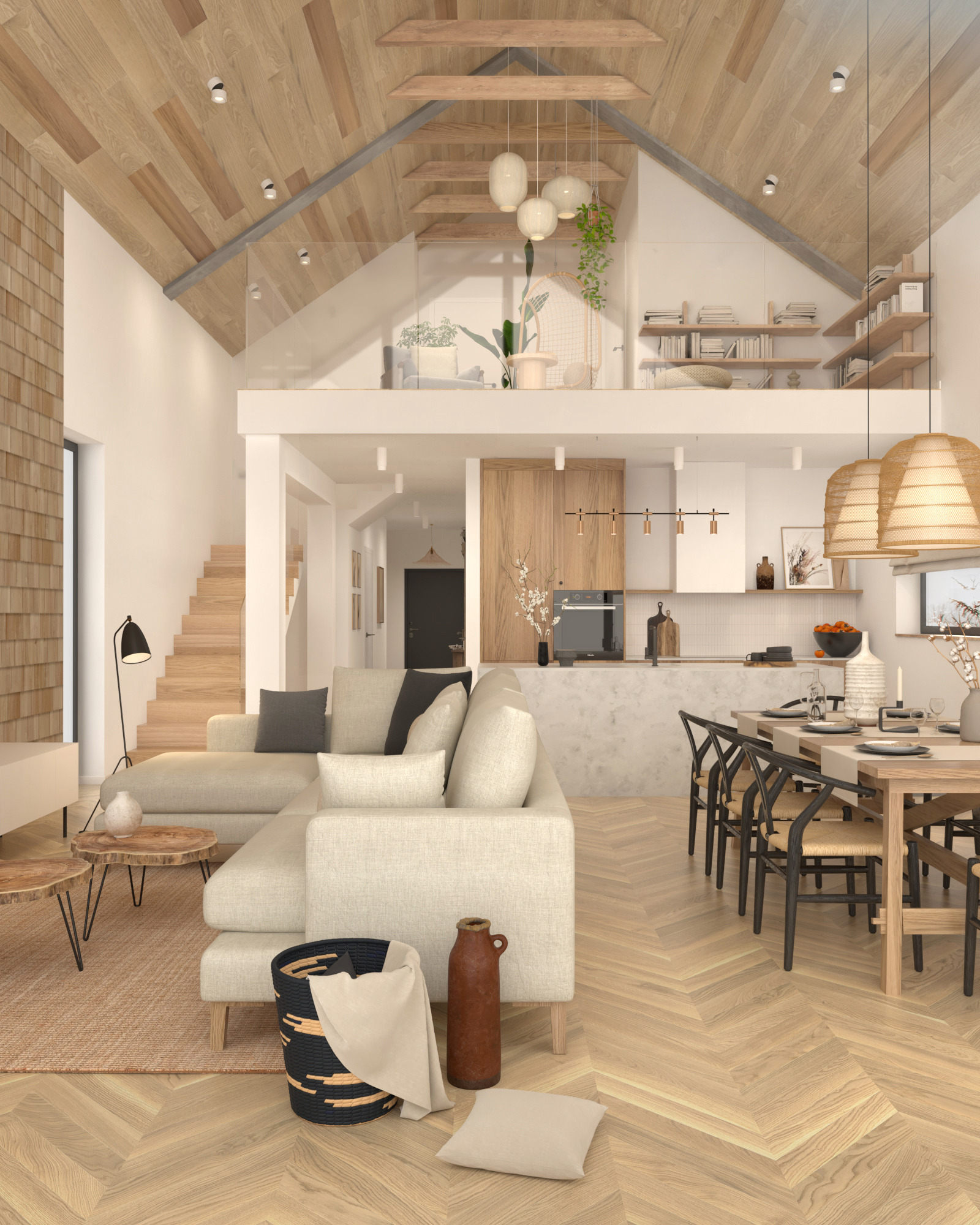 Jasne, przestronne wnętrze domu w Rzeszowie z otwartą kuchnią, jadalnią i salonem. Widoczny drewniany sufit z belkami, schody na antresolę z przeszkloną balustradą, oraz parkiet ułożony w jodełkę.