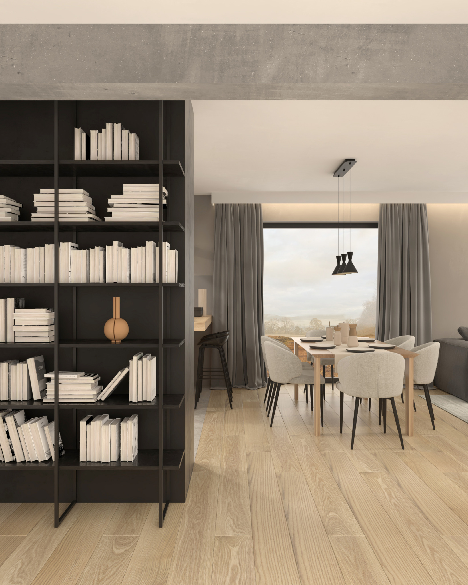 Nowoczesna jadalnia z drewnianym stołem nakrytym dla sześciu osób, minimalistyczna lampa wisząca, regał na książki i widok na krajobraz za oknem.