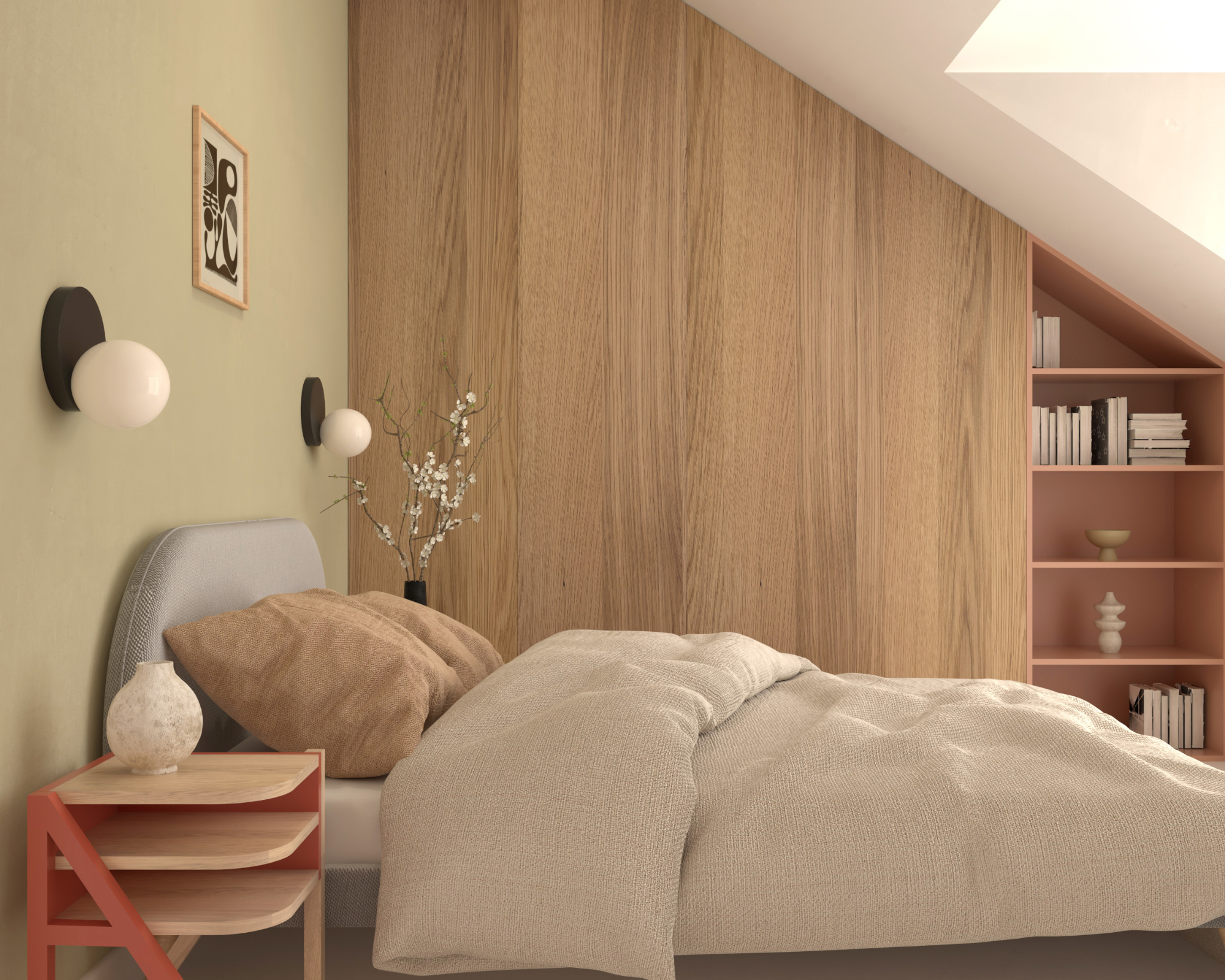 Beżowa sypialnia na poddaszu z drewnianą ścianą, minimalistyczną grafiką na ścianie, okrągłymi lampkami nocnymi i półkami w kolorze pudrowego różu.