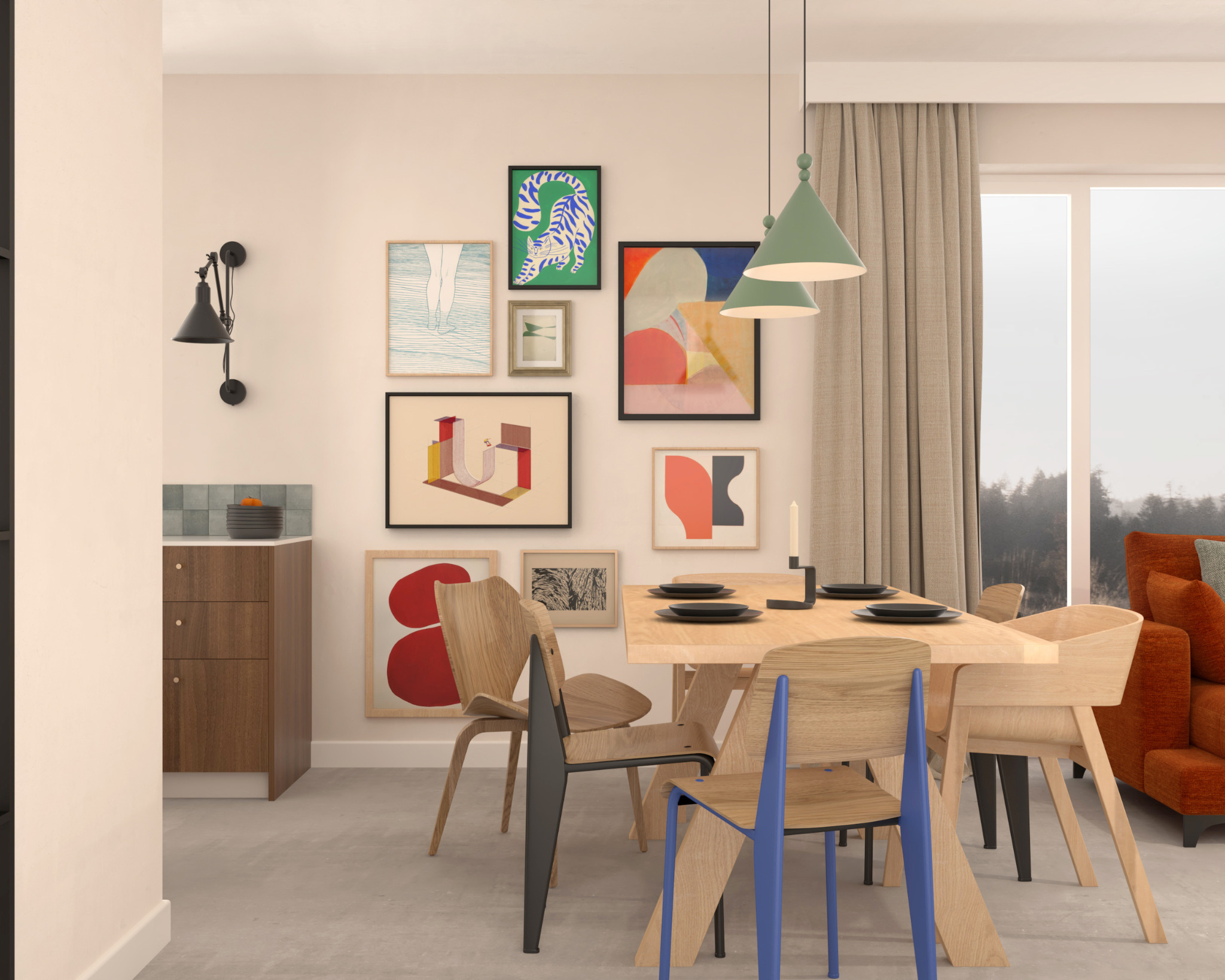 Jasna jadalnia z drewnianym stołem, krzesłami o różnym designie i kolorowe grafiki na ścianie, oświetlona przez zwisające lampy w kolorze pistacjowym.