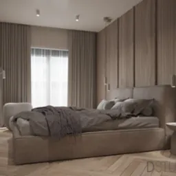 Elegancka sypialnia z łóżkiem kontynentalnym w odcieniach szarości i beżu, drewniana ściana z pionowymi panelami, wiszące lampy nad szafką nocną, parkiet w jodełkę, fotel z lampą podłogową w tle...