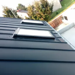 Grafitowy dach z blachy na rąbek stojący z dwoma oknami dachowymi, widok z góry, w tle zieleń drzew i zabudowania.