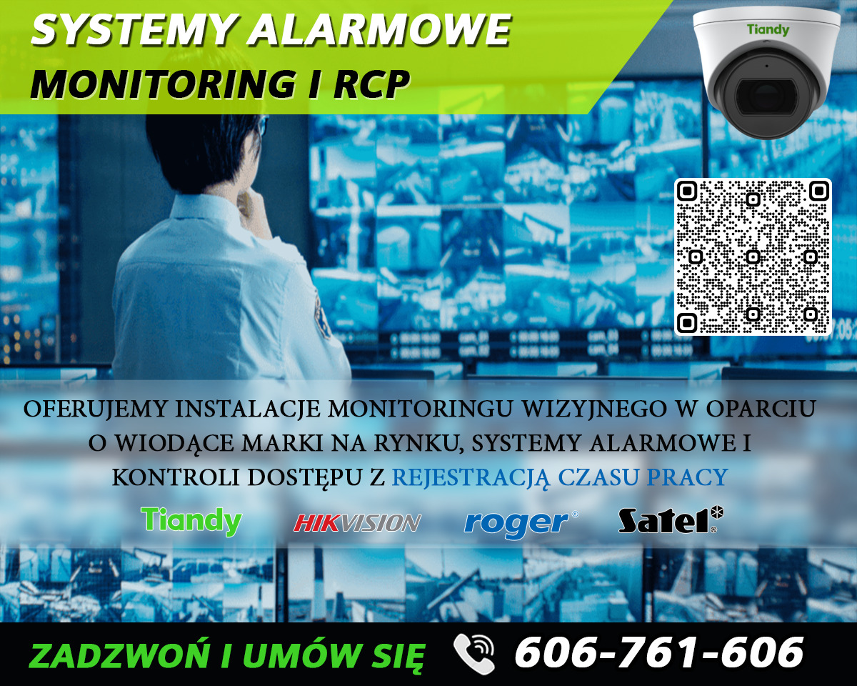 Grafika reklamowa z hasłem 'Systemy alarmowe, monitoring i RCP', pracownikiem ochrony obserwującym ekrany monitoringu, kamerą Tiandy, kodem QR oraz logotypami firm Tiandy, Hikvision, Roger i Satel.