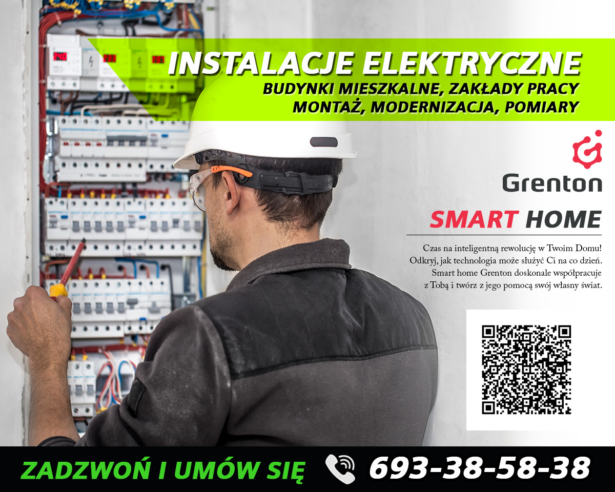 Elektryk w kasku i okularach ochronnych, z żółtym śrubokrętem w dłoni, pracuje przy rozdzielnicy elektrycznej. Widoczny napis 'INSTALACJE ELEKTRYCZNE' oraz logo 'Grenton SMART HOME'.