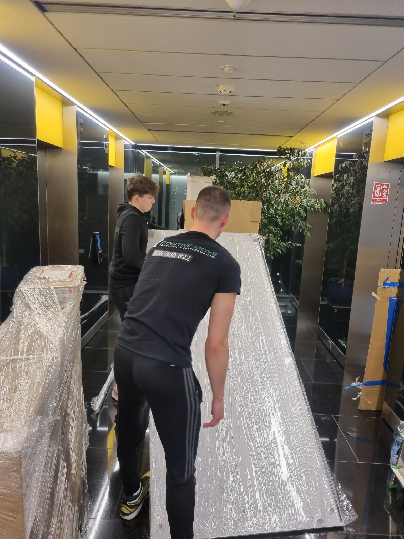 Dwóch mężczyzn w czarnych strojach transportuje duży, owinięty w folię element w nowoczesnym korytarzu z żółtymi akcentami i roślinami doniczkowymi, widoczny numer telefonu firmy na koszulce...