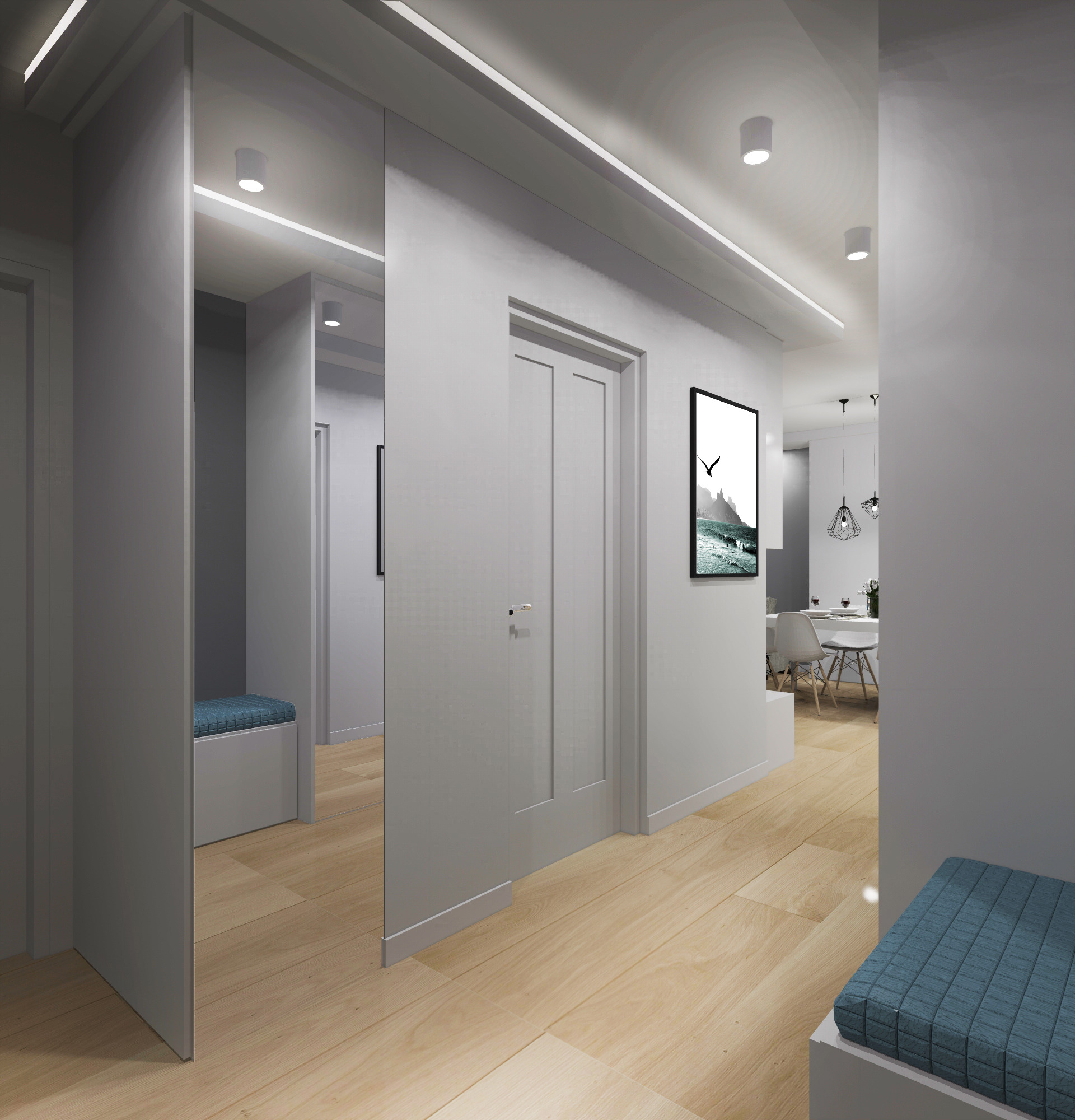 Nowoczesny korytarz z jasną drewnianą podłogą, szarymi ścianami, białymi drzwiami i wnękami z siedziskami w kolorze turkusowym. Na ścianie wisi czarno-biały obraz z motywem morskim. Widoczne...