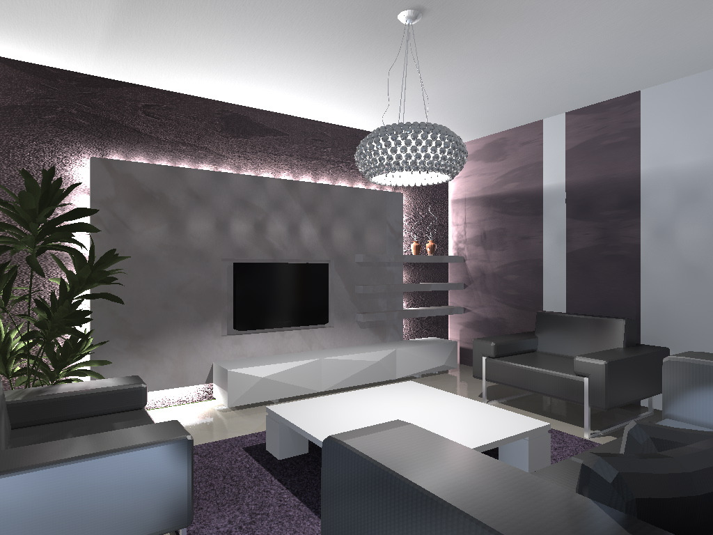 Nowoczesny salon z szarą ścianą akcentową, podświetleniem LED, telewizorem, białymi meblami, designerską lampą sufitową i rośliną doniczkową.