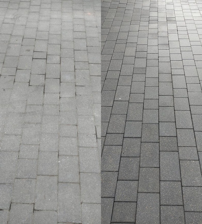 Porównanie kostki brukowej przed i po czyszczeniu, widoczna wyraźna różnica w kolorze i czystości.