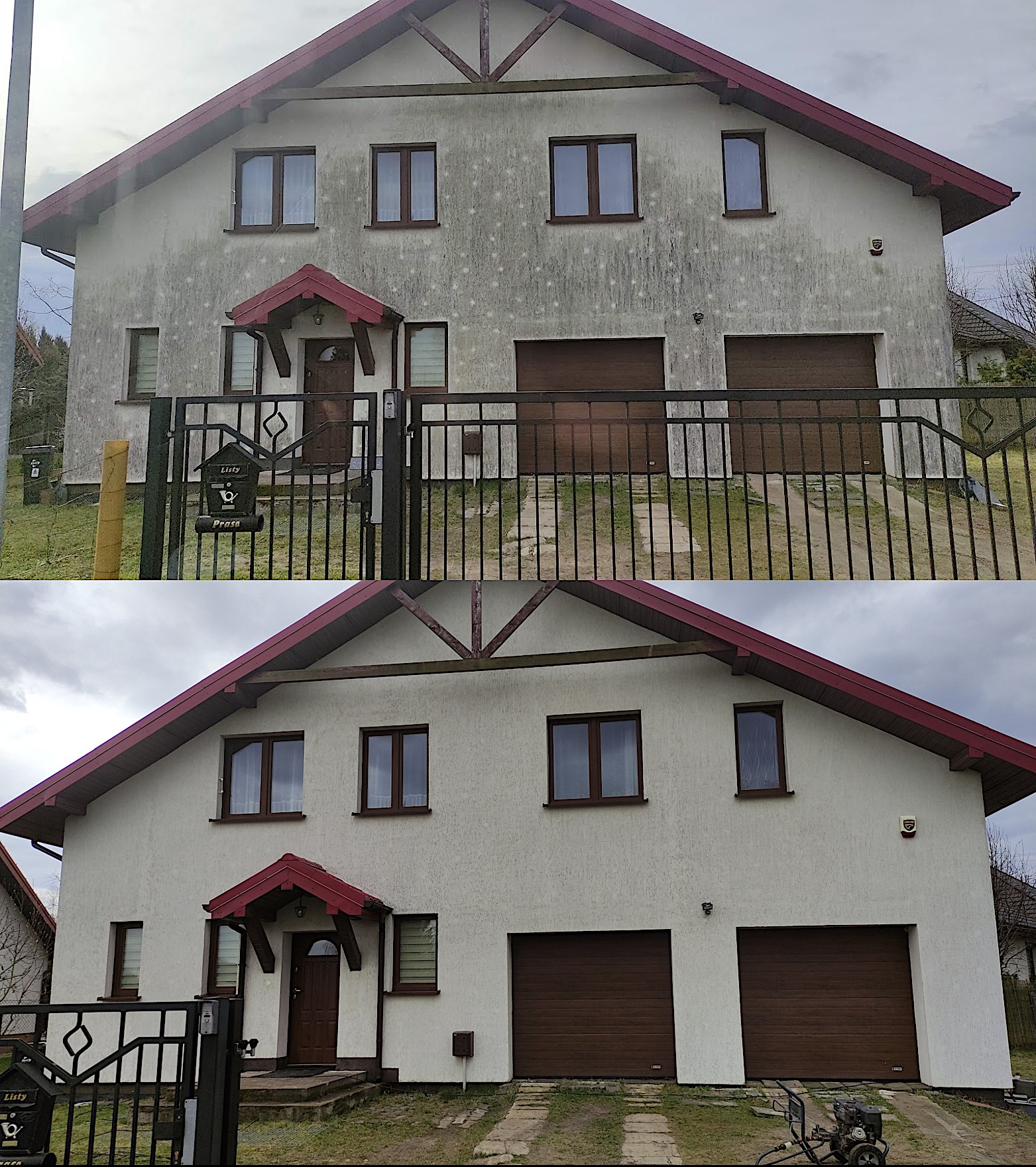 Dwuczęściowe zdjęcie elewacji domu przed i po myciu, widoczne różnice w czystości, z detalami takimi jak brązowe ramy okienne i drzwi garażowe.