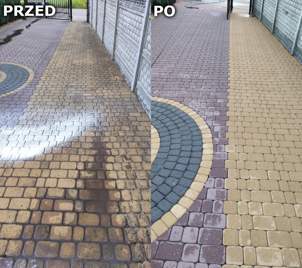 Porównanie stanu kostki brukowej PRZED i PO czyszczeniu: brudna, żółta kostka z plamami po lewej stronie i czysta, odświeżona kostka w odcieniach beżu i brązu po prawej stronie, z dekoracyjnym...