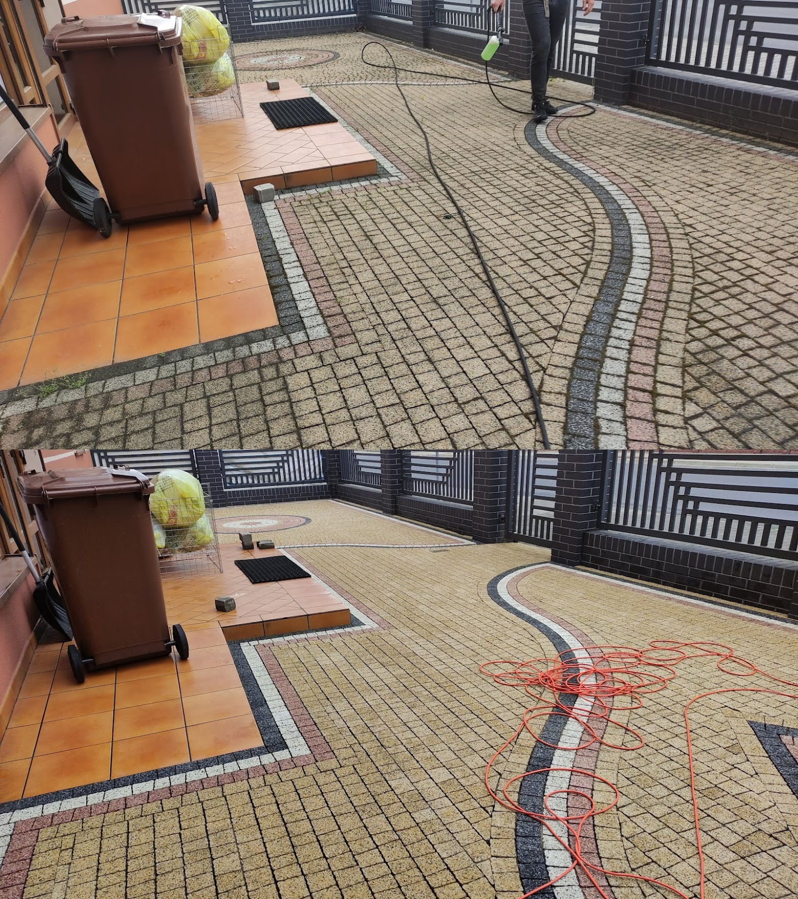 Dwuczęściowe ujęcie kostki brukowej: górne pokazuje czyszczenie myjką ciśnieniową, dolne ukazuje efekt po umyciu, z widocznym zwiniętym pomarańczowym przedłużaczem.