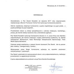 Referencje z biura tłumaczeń Verba-Text (Warszawa) z którym współpracuję nieprzerwanie od 2018 r.