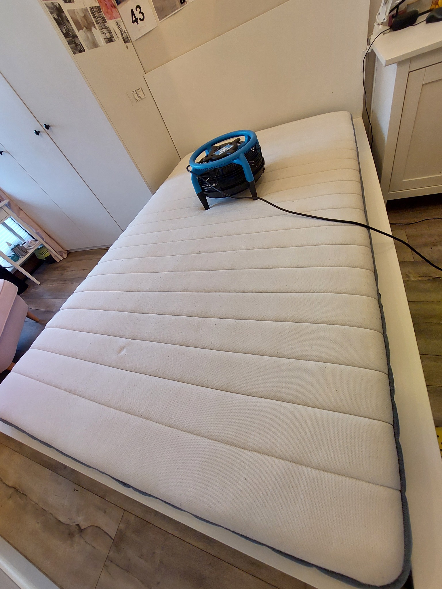 Materac z widocznym urządzeniem do czyszczenia, prawdopodobnie ekstrakcyjnego, z niebieskimi elementami, umieszczonym na jego powierzchni.