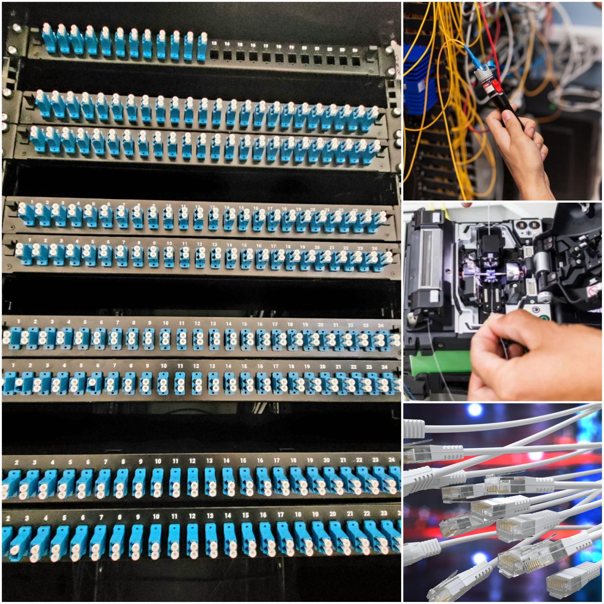 Patch panel światłowodowy z niebieskimi złączami, spawanie światłowodu przy użyciu spawarki światłowodowej, testowanie światłowodu lokalizatorem uszkodzeń, kable ethernetowe RJ45 w tle.