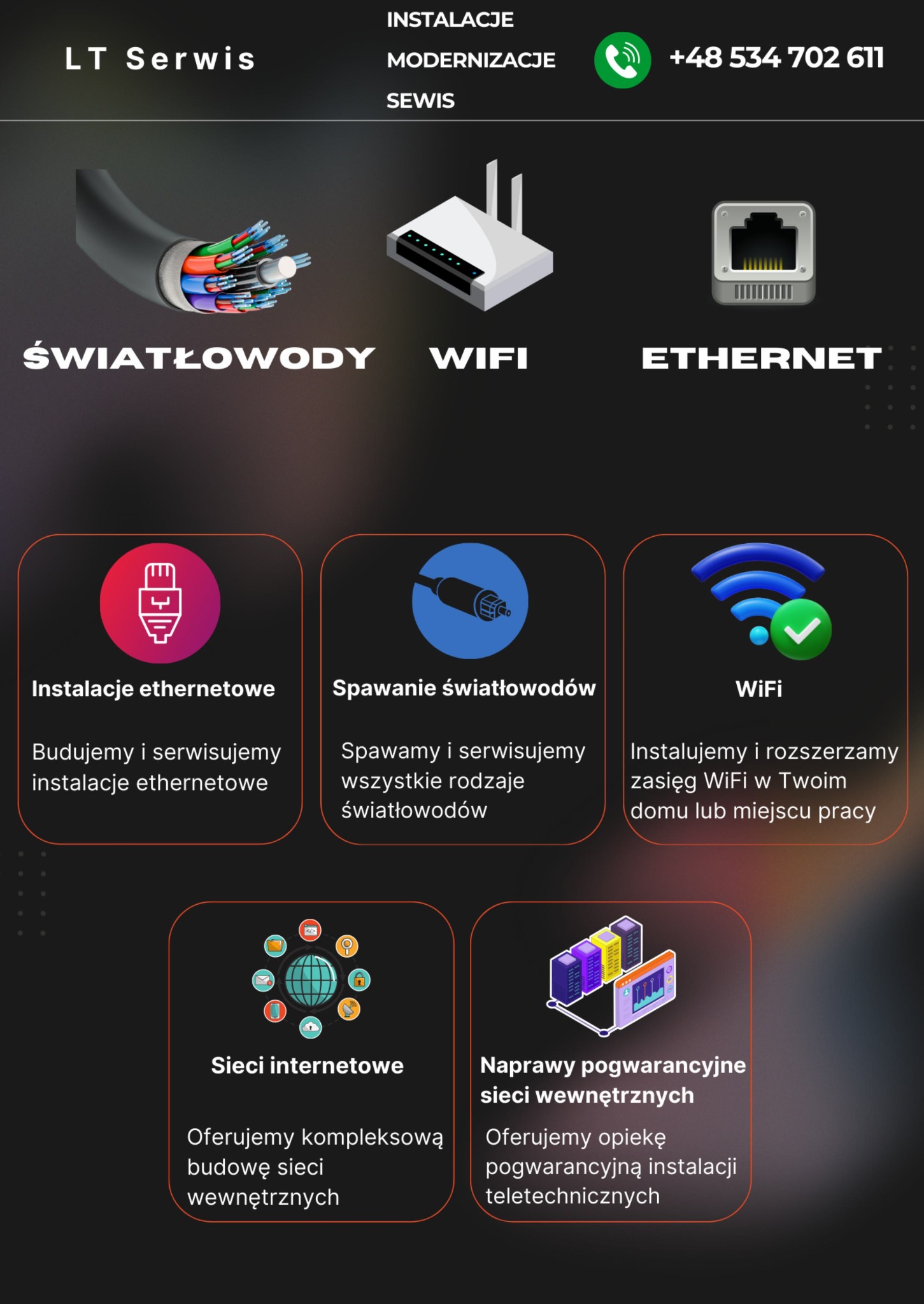 Grafika reklamowa firmy LT Serwis prezentująca usługi: światłowody, WiFi, Ethernet, instalacje ethernetowe, spawanie światłowodów, sieci internetowe i naprawy pogwarancyjne sieci wewnętrznych,...