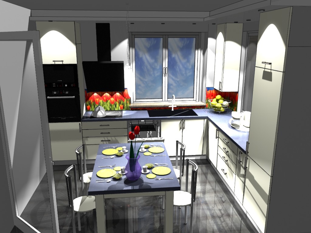 Wizualizacja nowoczesnej kuchni w jasnych kolorach z czarnymi akcentami, stół nakryty żółtymi talerzami i bukietem tulipanów, widok na okno z błękitnym niebem.