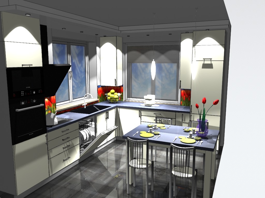 Wizualizacja 3D kuchni z białymi frontami, czarnym piekarnikiem i okapem, niebieskim blatem, otwartą zmywarką z naczyniami, stołem z nakryciem i tulipanami w wazonie.