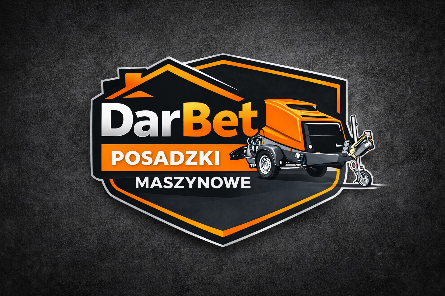 Logo firmy DarBet: grafika z maszyną do posadzek maszynowych na ciemnym tle. Pomarańczowo-biała kolorystyka, nowoczesny design.