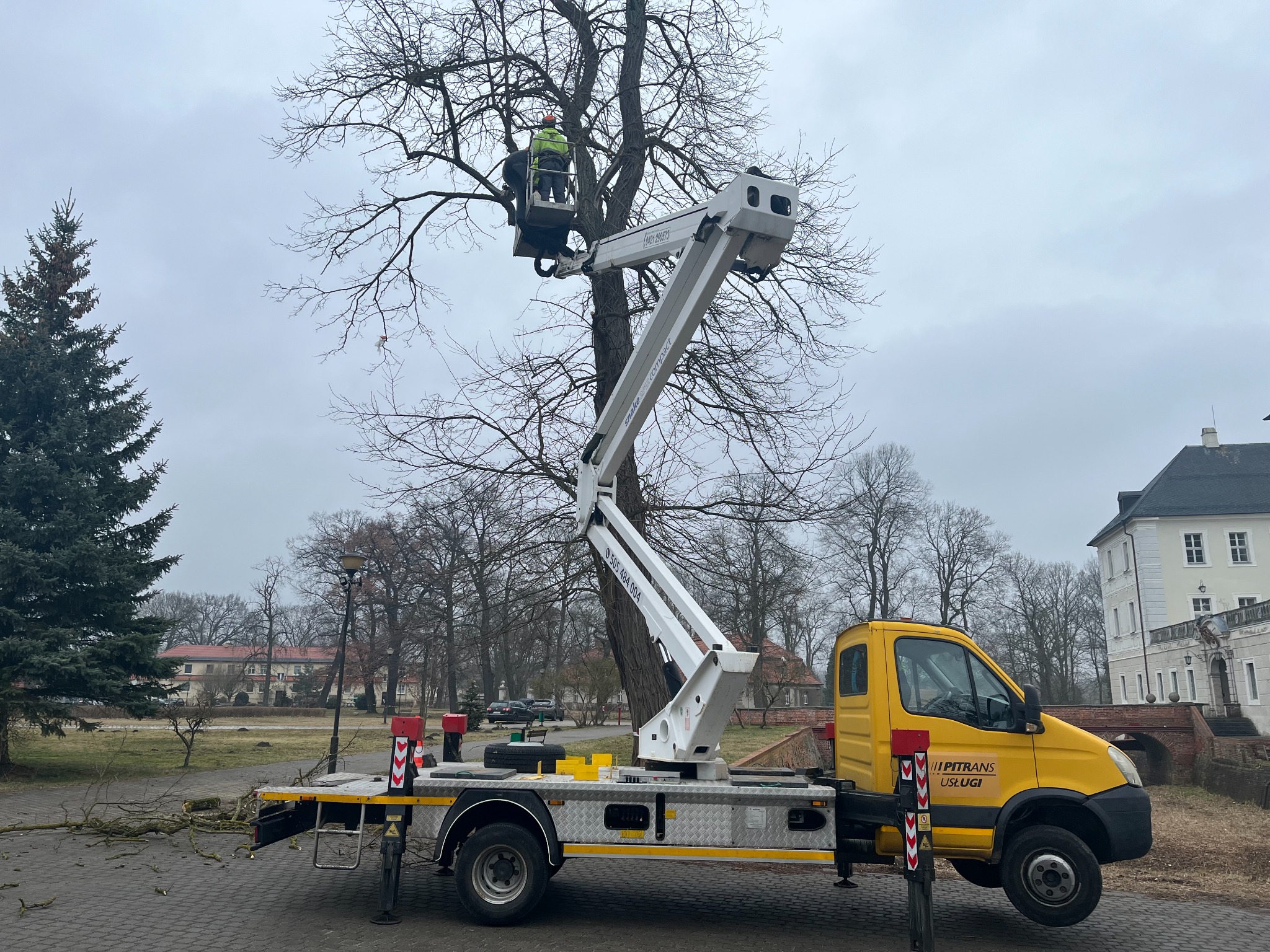 Żółty pojazd z białym ramieniem hydraulicznym, na którym znajduje się platforma z pracownikiem w odblaskowej kamizelce, przycinającym gałęzie drzewa w parku miejskim, z budynkiem w tle i ściętymi...