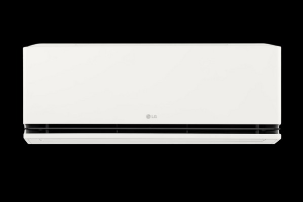 Klimatyzator LG z widocznym logo, biała obudowa na czarnym tle. Montaż klimatyzacji w Krakowie - przykład realizacji.