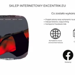 Prezentacja portfolio: zrzut ekranu sklepu internetowego ekcentrik.eu z modelką w czerwonym oświetleniu, informacja o projekcie strony na platformie Shopify, copywritingu i kampaniach Facebook Ads.