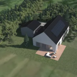 Wizualizacja 3D nowoczesnego domu z panelami słonecznymi na dachu, otoczonego drzewami, widok z góry.