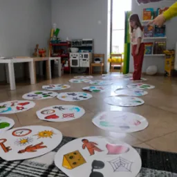 Dziewczynka w okularach stoi na kartce z obrazkiem podczas zabawy edukacyjnej w sali z dekoracjami.