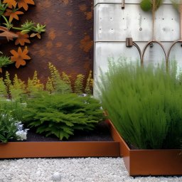 Eden's Space - Nowoczesny ogród z geometrycznymi rabatami wykończonymi metalem w kolorze miedzi, żwirowe podłoże, tło stanowi rustykalna ściana z motywem lasu iglastego i metalowa konstrukcja z elementami...