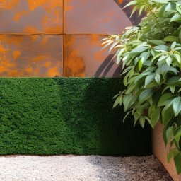 Eden's Space - Nowoczesna aranżacja ogrodu z rustykalną ścianą z metalowych paneli, żywą zieloną ścianą z roślin i białym żwirem na podłożu.