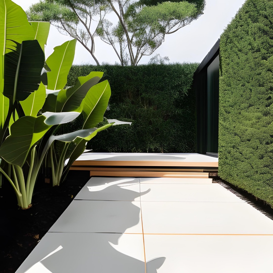 Minimalistyczny ogród z dużymi, zielonymi roślinami o szerokich liściach, równym trawnikiem i białym chodnikiem z delikatnymi, złotymi liniami, prowadzącym do nowoczesnego budynku z ciemnymi ramami...