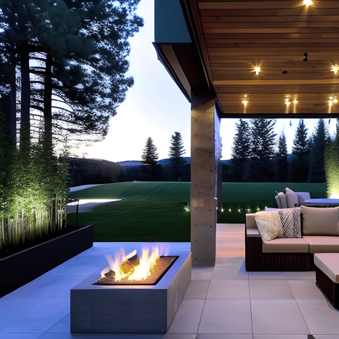 Nowoczesny taras z paleniskiem gazowym i oświetleniem punktowym, widok na rozległy trawnik i drzewa iglaste w oddali.