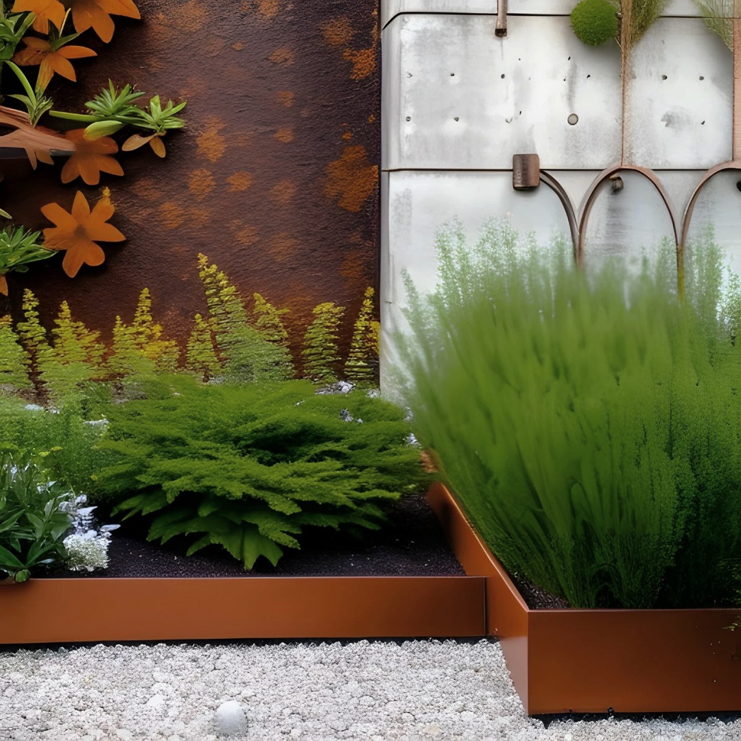 Nowoczesny ogród z geometrycznymi rabatami wykończonymi metalem w kolorze miedzi, żwirowe podłoże, tło stanowi rustykalna ściana z motywem lasu iglastego i metalowa konstrukcja z elementami...