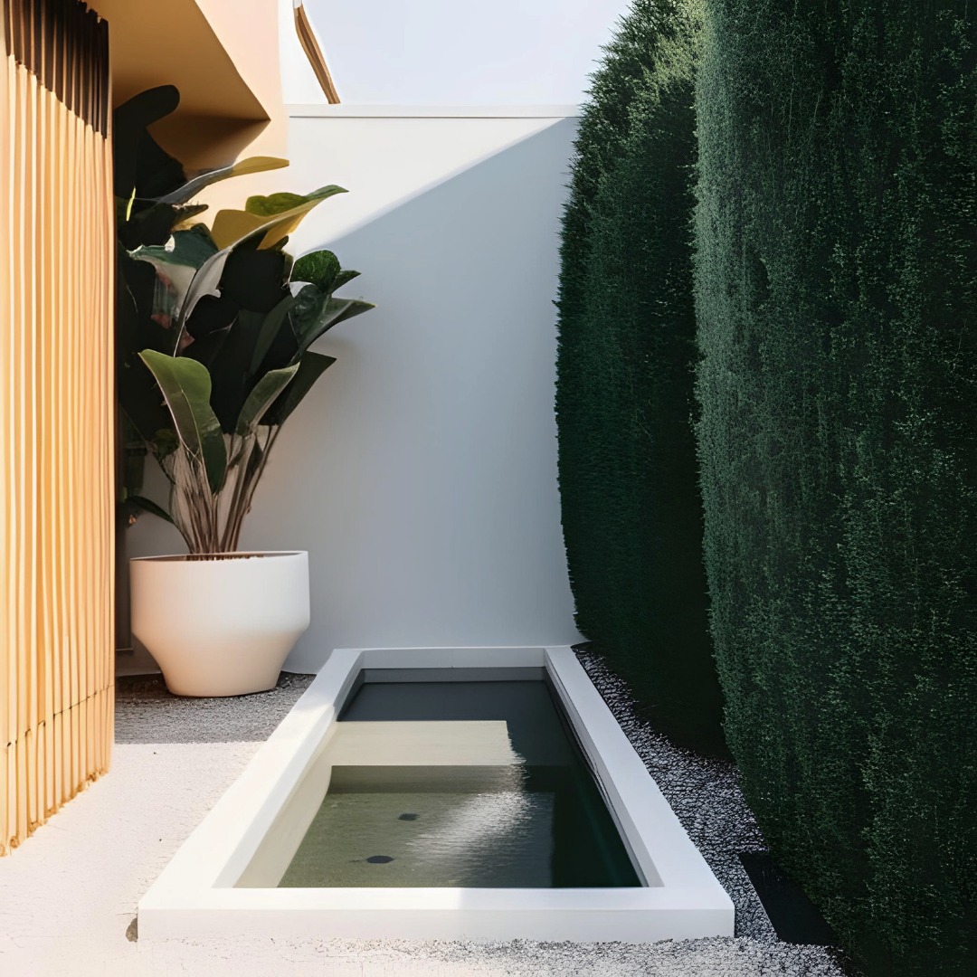 Minimalistyczny ogród we Wrocławiu z małym, prostokątnym oczkiem wodnym w białej obudowie, obok duża roślina w białej donicy i wysoki żywopłot.