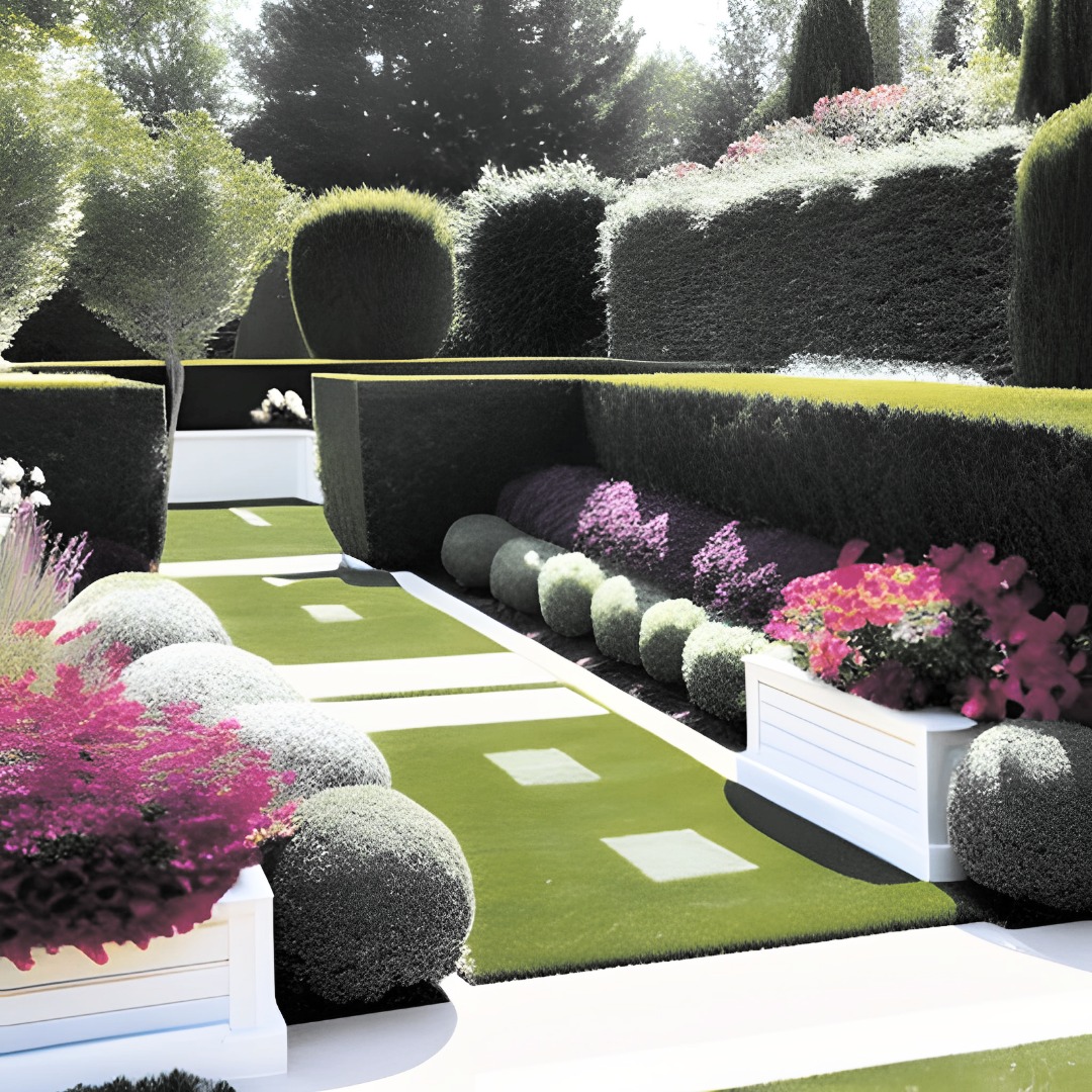 Symetryczny ogród z równo przyciętymi żywopłotami, kulistymi krzewami i prostokątnymi ścieżkami wyłożonymi białymi płytami, z rabatami kwiatowymi w białych donicach.