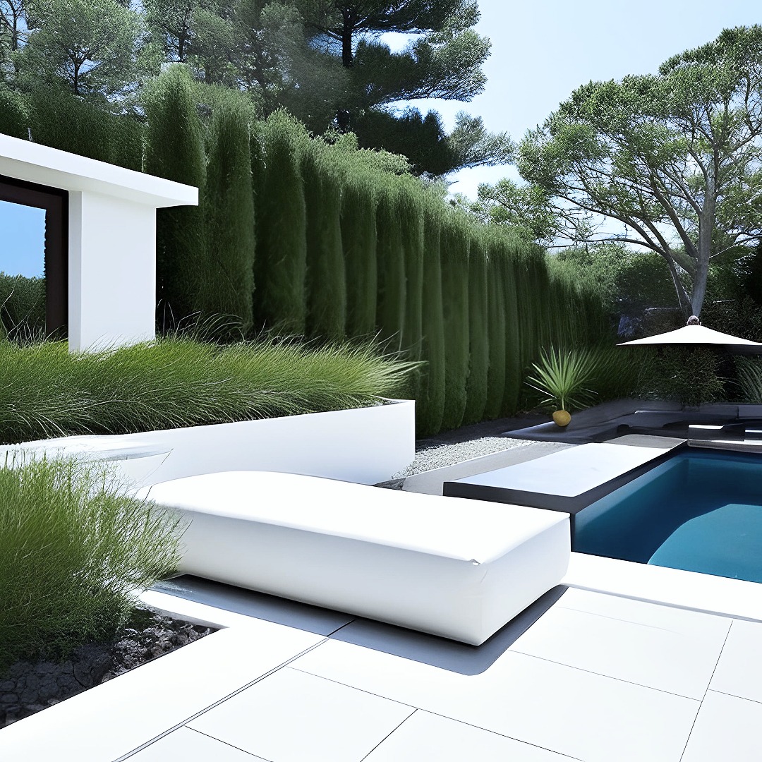 Minimalistyczny ogród z basenem, strzyżonym żywopłotem z tuj, trawami ozdobnymi w białych donicach i białym leżakiem na białej posadzce.
