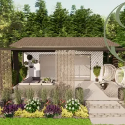 Wizualizacja nowoczesnej altany z roślinnością ozdobną, wiszącymi fotelami i meblami ogrodowymi na tarasie.