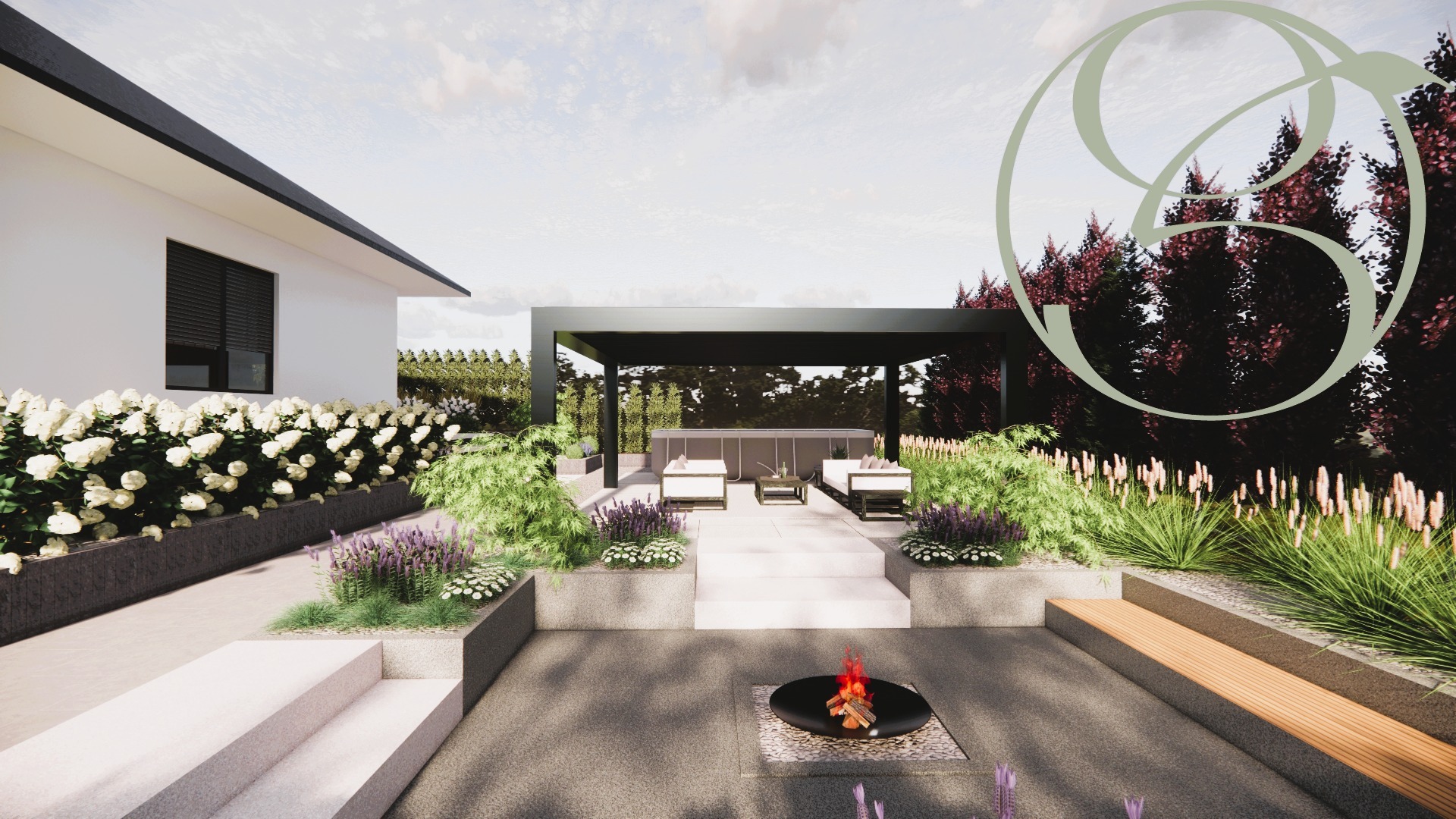 Nowoczesny ogród z paleniskiem, pergolą i jacuzzi. Białe hortensje przy domu, schody z jasnego kamienia, drewniana ławka. Wizualizacja ogrodu z elementami relaksu.