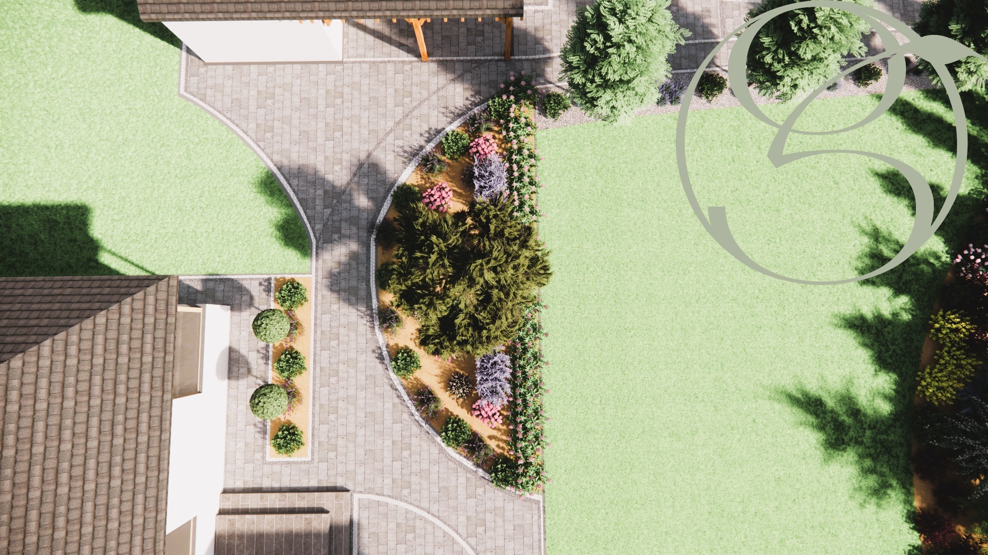 Widok z góry na projekt ogrodu z brukowanymi ścieżkami, trawnikiem i rabatami kwiatowymi. Elementy domu widoczne po bokach. Całość w stonowanej kolorystyce.