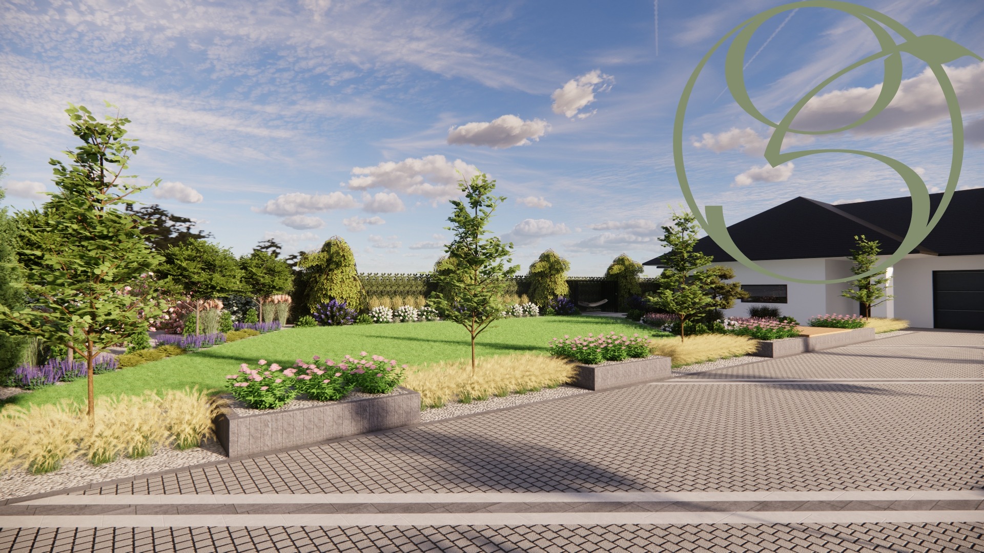 Wizualizacja ogrodu z nowoczesnym domem w tle. Trawnik, rabaty kwiatowe w betonowych donicach i ścieżka z kostki brukowej. Na niebie delikatne chmury.