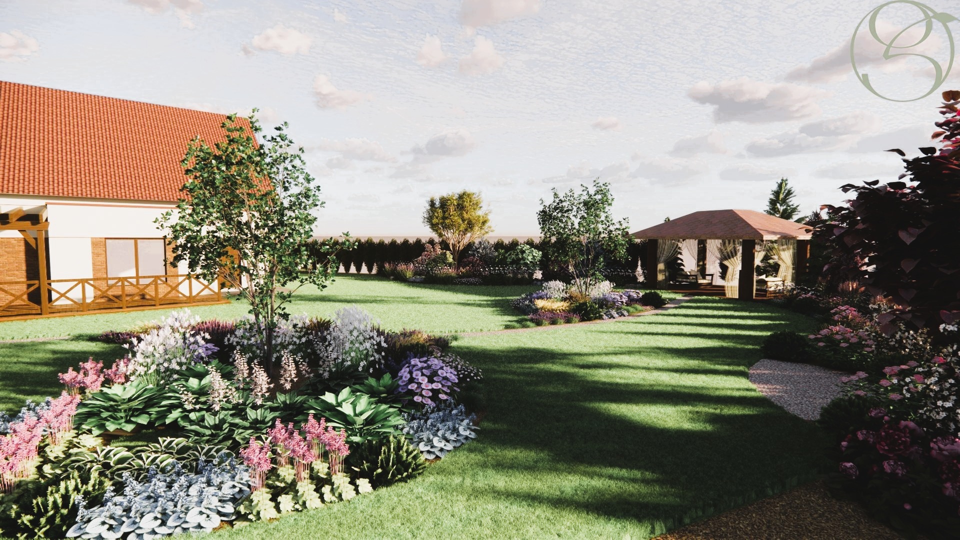 Wizualizacja ogrodu z domem, altaną i rabatami kwiatowymi. Projekt zagospodarowania przestrzeni z bujną roślinnością i ścieżkami. Realistyczny render architektoniczny.