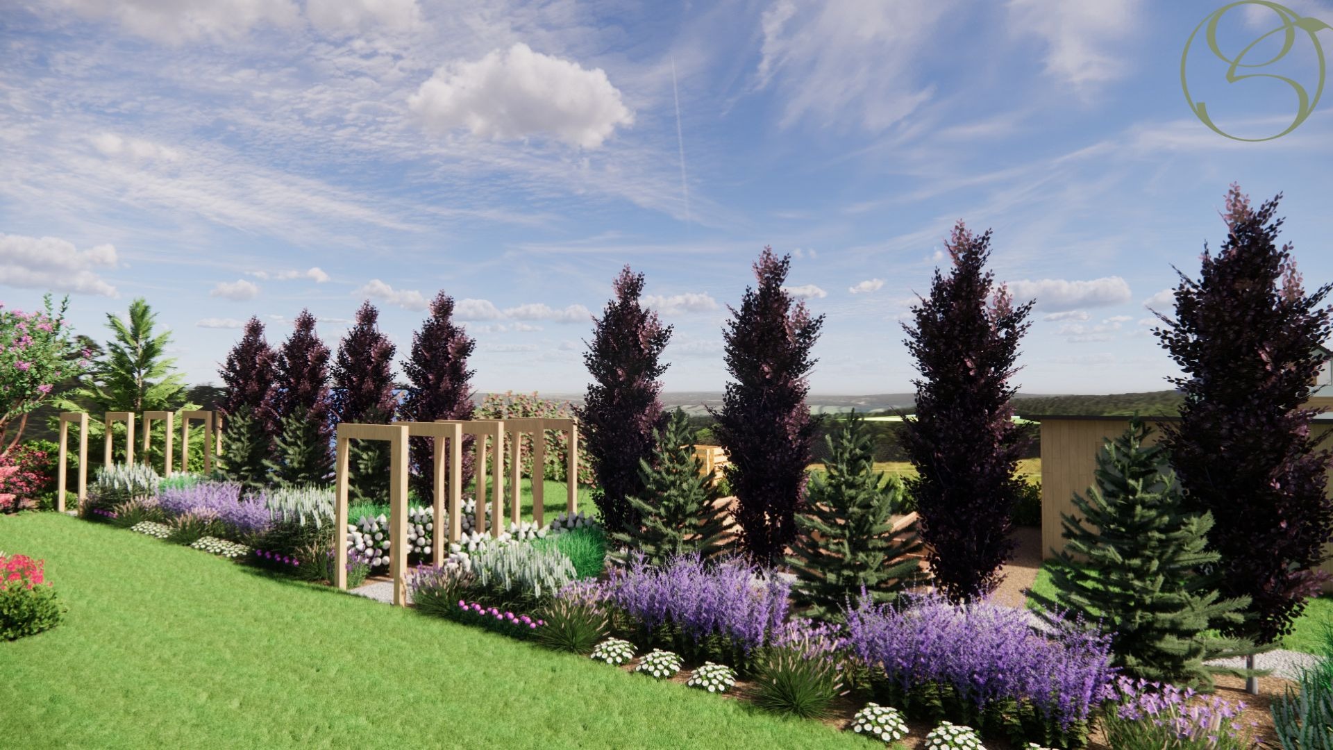 Wizualizacja ogrodu z drewnianą pergolą, rabatami kwiatowymi w odcieniach fioletu i bieli oraz strzyżonymi drzewami iglastymi na tle błękitnego nieba.