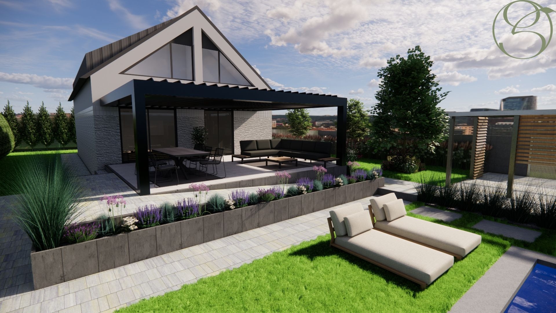 Wizualizacja ogrodu z nowoczesnym domem, pergolą, meblami ogrodowymi i rabatami kwiatowymi. Widoczne leżaki i fragment basenu. Stonowana kolorystyka.