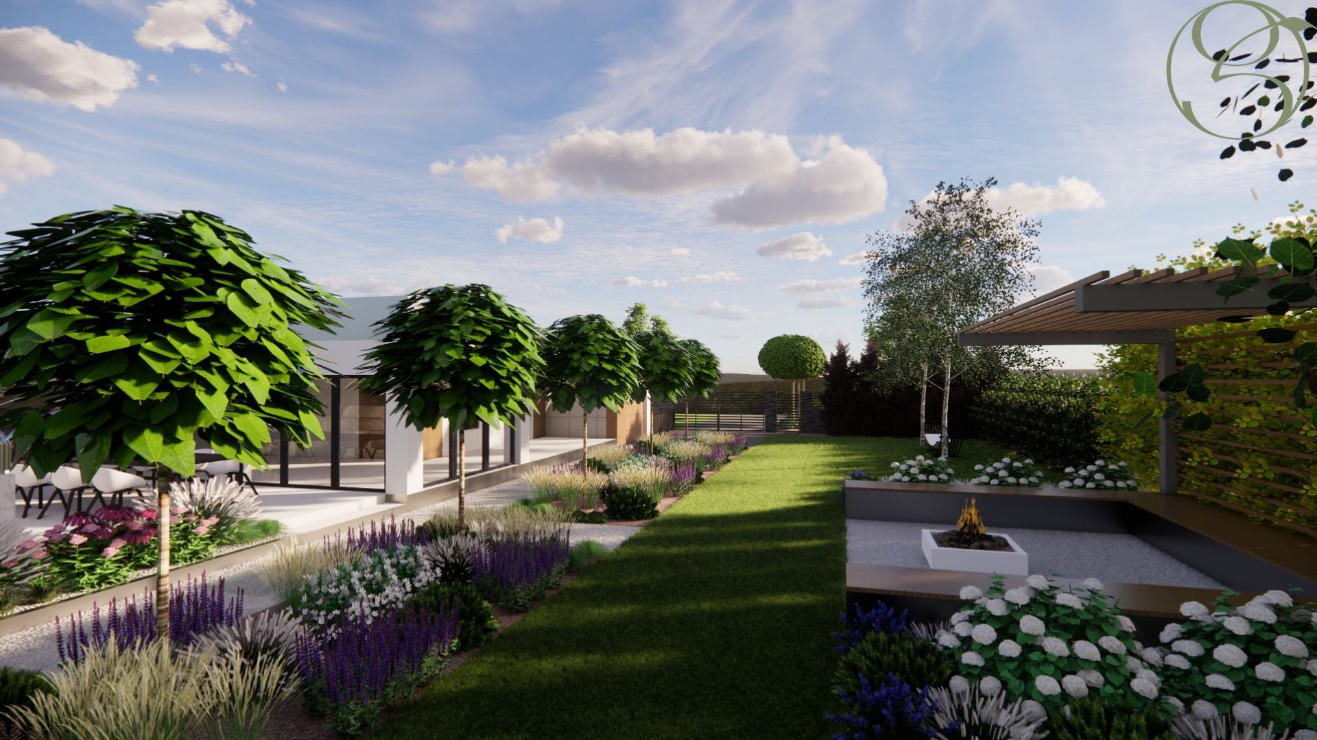 Wizualizacja ogrodu w Kobylnicy: nowoczesny dom z tarasem, równo przystrzyżony trawnik, rabaty kwiatowe i miejsce na ognisko. Projekt z dbałością o detale.