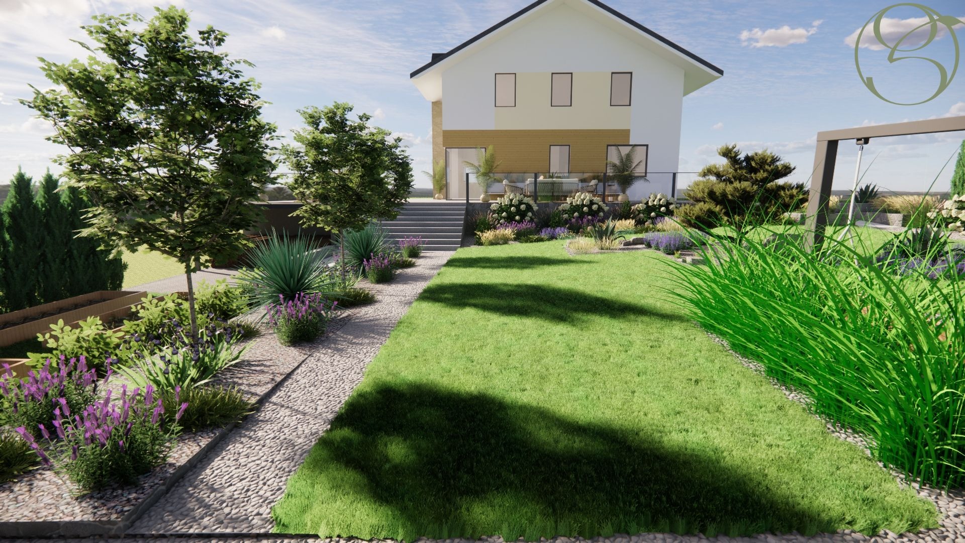 Wizualizacja ogrodu z trawnikiem, ścieżką z kamieni, rabatami kwiatowymi i drzewami, na tle nowoczesnego domu z tarasem. Elementy małej architektury ogrodowej.