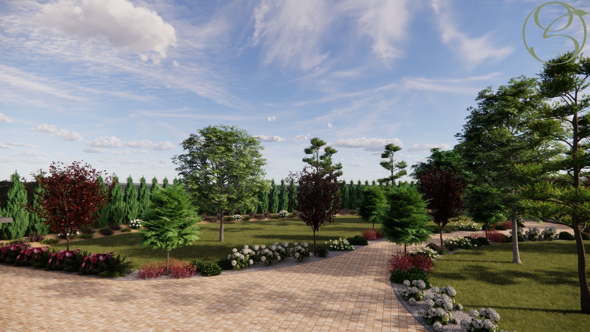 Wizualizacja ogrodu z brukowaną ścieżką, różnorodnymi drzewami i krzewami. Tło stanowi błękitne niebo z chmurami. Widoczny detal: delikatne kwiaty wzdłuż ścieżki.